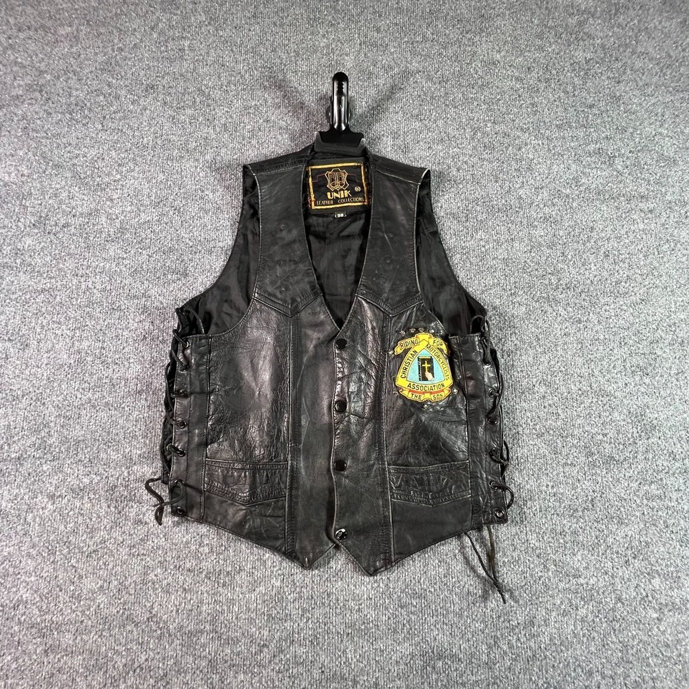 VTG Unik Vest Men 38 Black Leather Christian Motorcyclists Association Patchwork